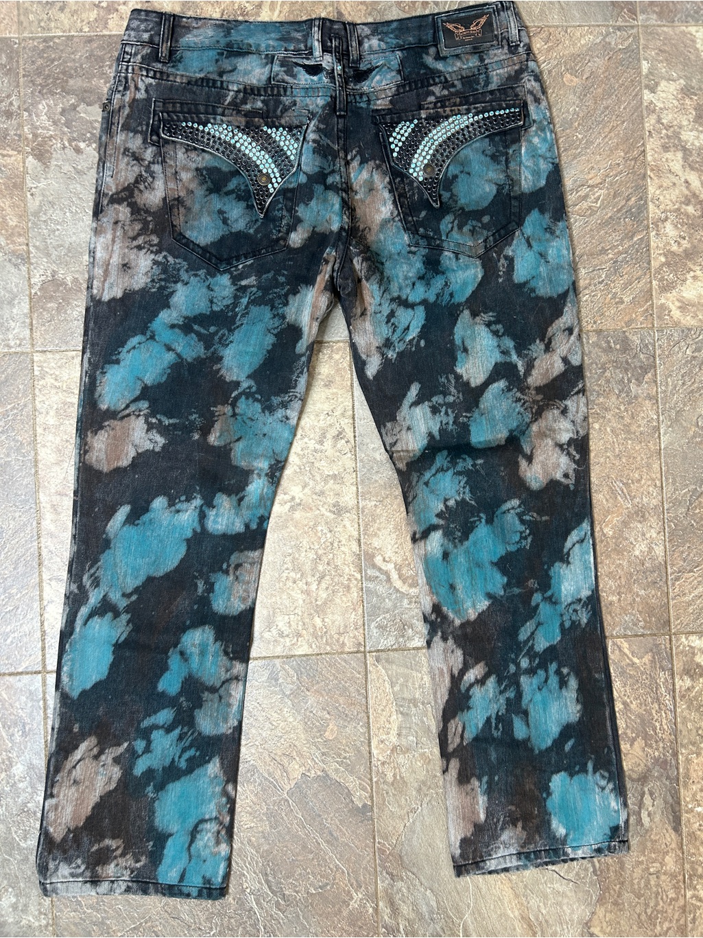 Robin's Jean Size 40 Studded Crystal Wing Tie Dye Teal Black Jeans